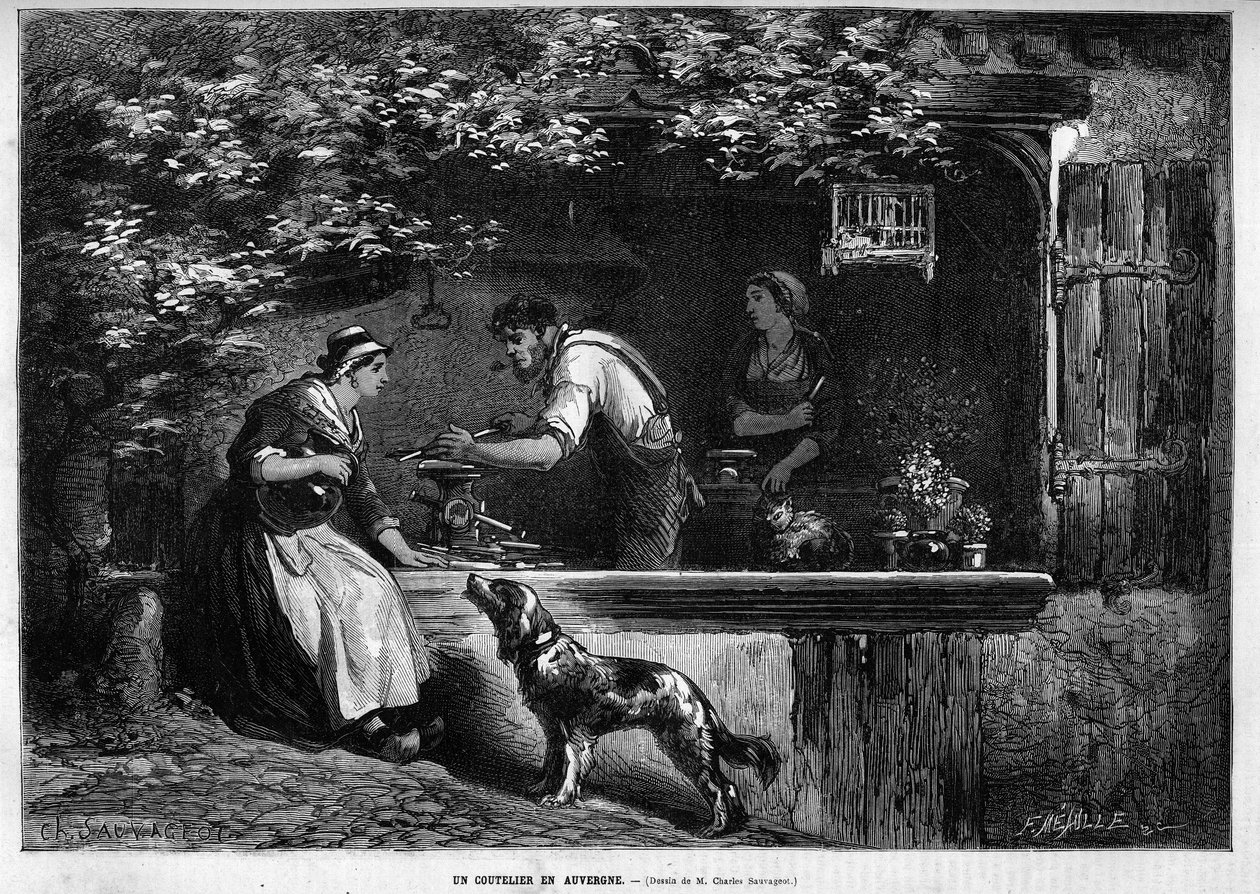 Metier e artesão: um cortador em Auvergne. Gravura em "Le Monde illustrious" 1883. Colecção privada. de Unknown artist