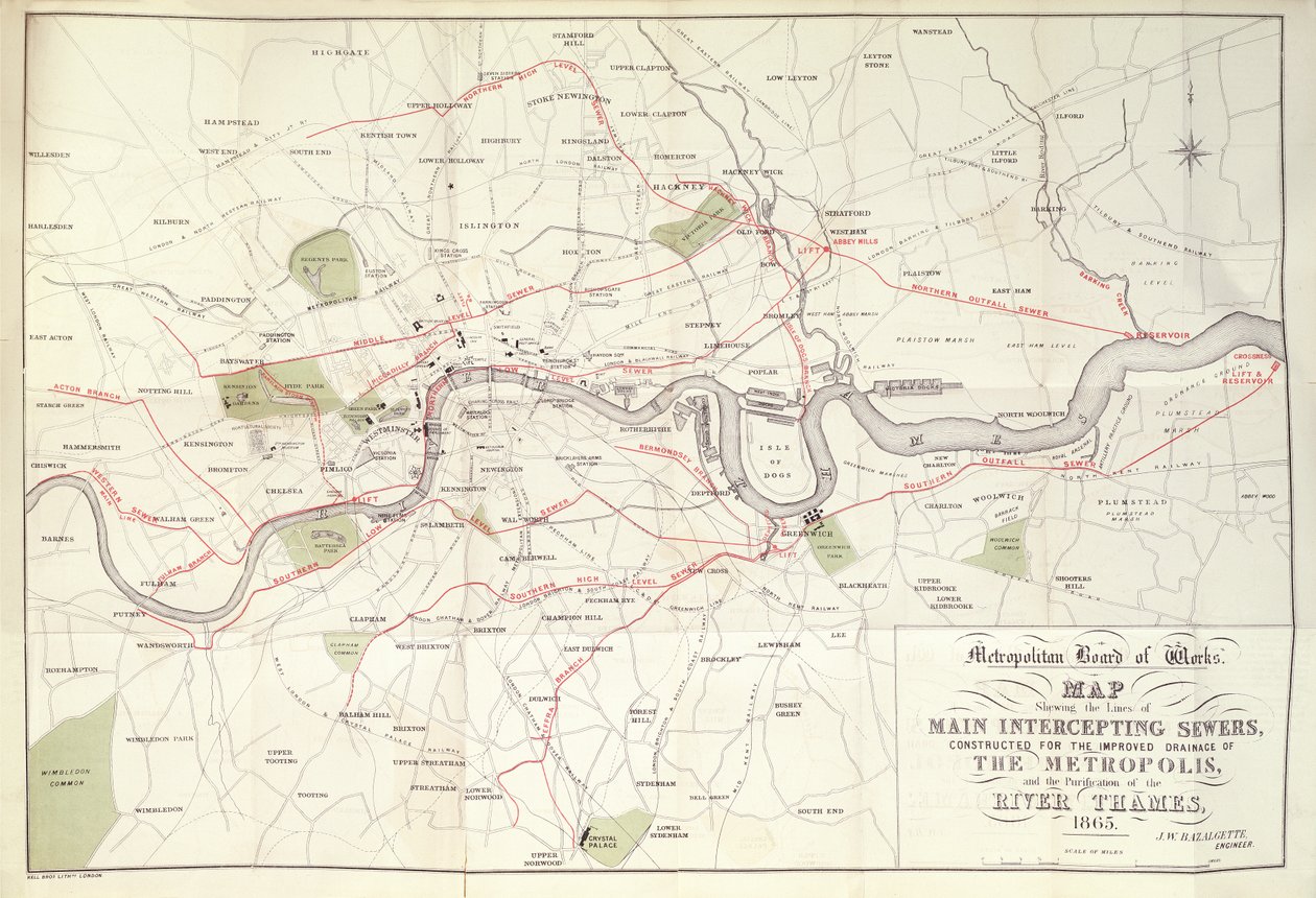 Mapa Metropolitano do Plano da Bazalgette para as Linhas de Esgotos de Intercepção Principal, construído para a Melhoria da Drenagem da Metrópole de Unknown artist