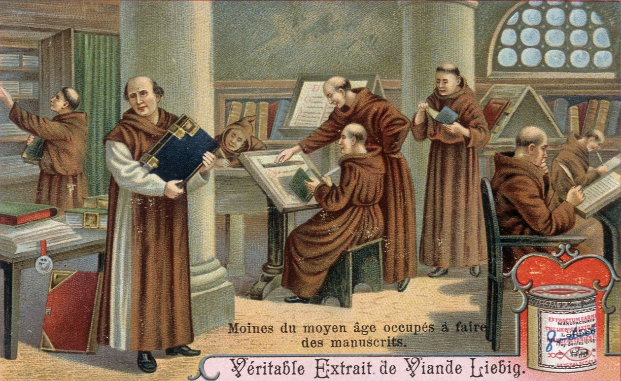 Manuscritos de escrita de monges da Idade Média. Cromolitografia, imagem de Liebig de Unknown artist