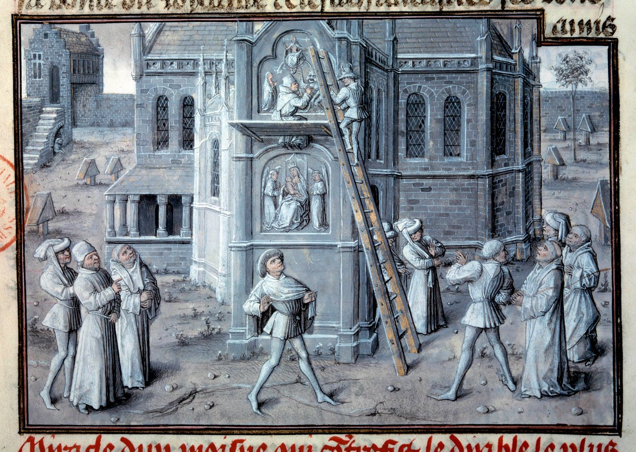 Idade Média: a construção de catedrais góticas. Escultores que trabalham em relevos em escala. Miniatura de um manuscrito. Paris do século XV, B.N. de Unknown artist