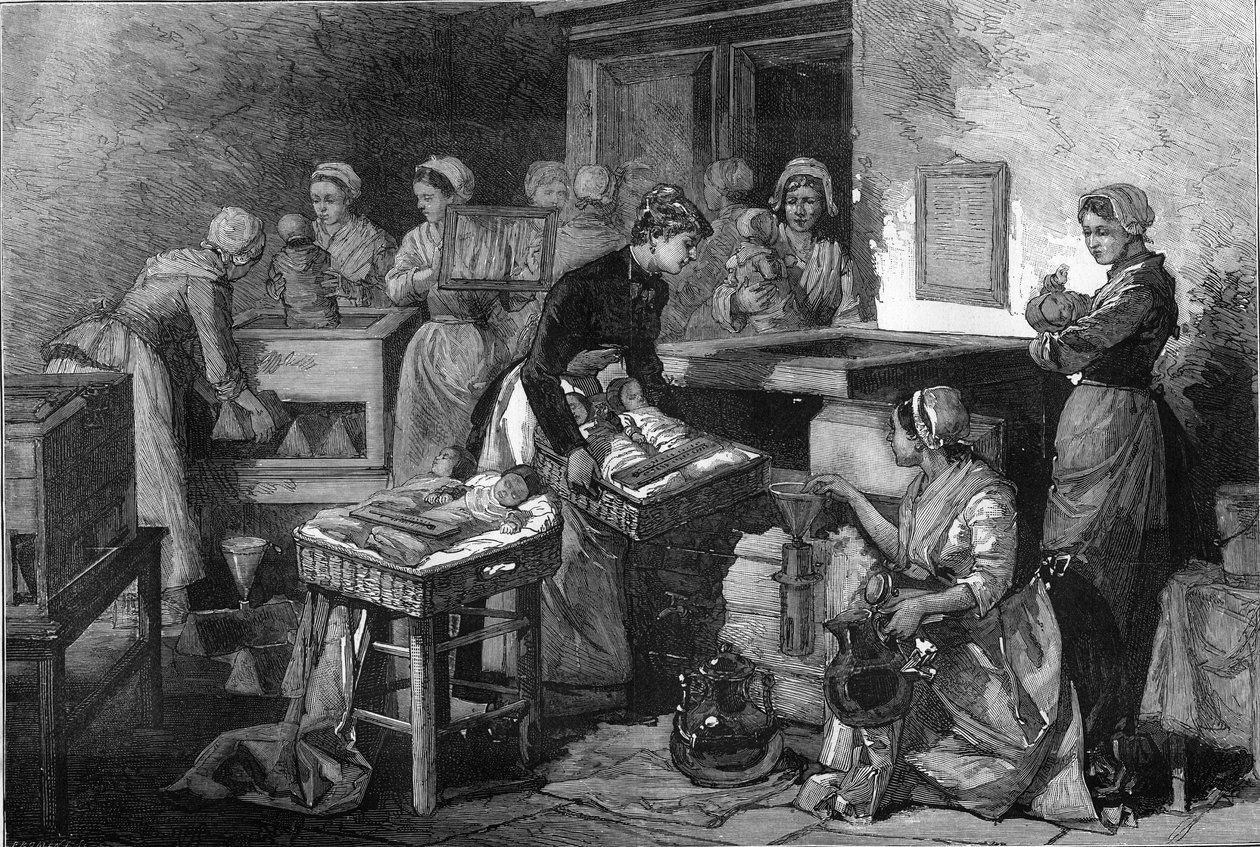Parteira (Midwife), Enfermeiras e incubadoras: O equipamento da maternidade para preservar a vida das crianças nascidas antes do termo em Paris. Gravura no "Le Monde Illustré". de Unknown artist