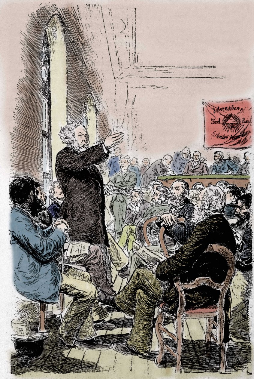 Mikhail Aleksandrovich Bakunin (Bakunin) (1814-1876), anarquista russo no Congresso de Bale, na Suíça, em setembro de 1869. de Unknown artist