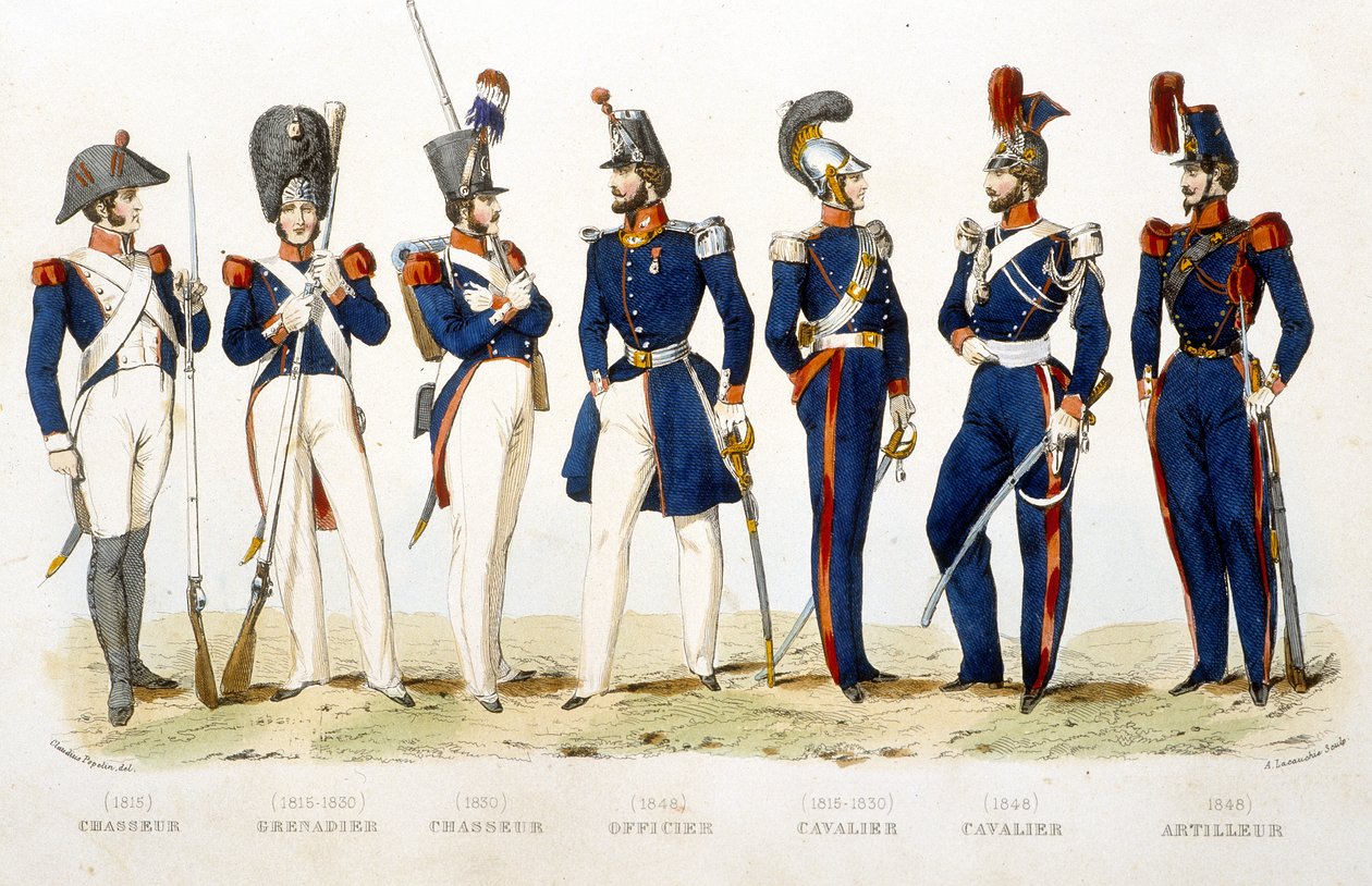 Uniforme militar: caçador (1815), granadeiro (1815 - 1830), caçador (1830), oficial (1848), cavaleiro (1815 - 1830), cavaleiro (1848), artilheiro (1848) - em “Fasttes de Gardes nationales de France ” de Unknown artist