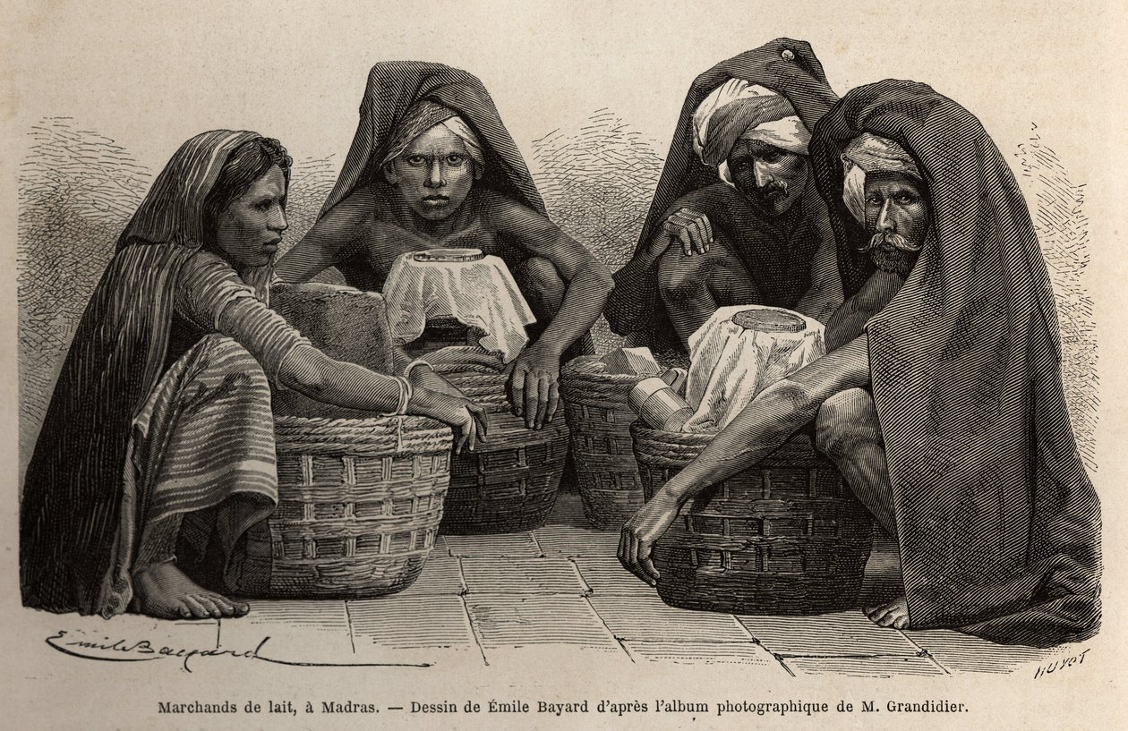 Comerciantes de leite, nas ruas de Madras (hoje Chennai, Tamil Nadu). Gravura para ilustrar a viagem nas províncias meridionais da Índia, de Alfred Grandidier, em 1862-1864, publicada em "le tour du monde", sob a direção de D