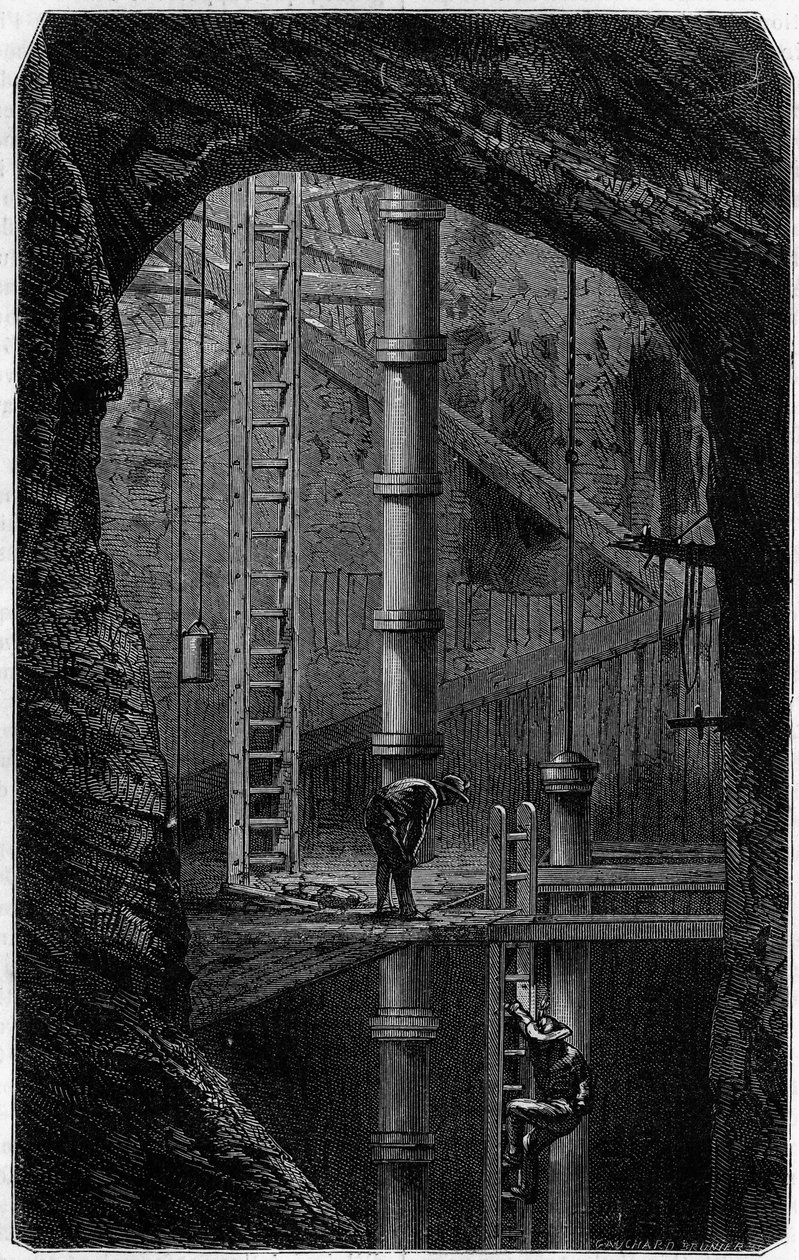 Mineiros dentro de uma mina de lata em Cornwall, Inglaterra. Gravura na revista "La jeunesse". de Unknown artist