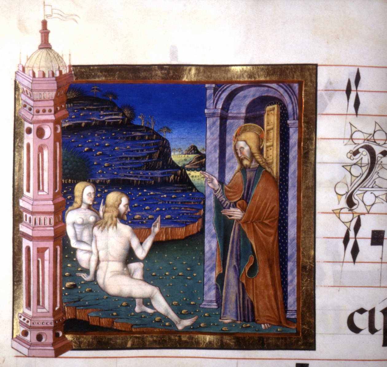 Miniatura retratando a criação de Adão e Eva por Deus. Antifonária. Biblioteca de Lodi, século XV. de Unknown artist