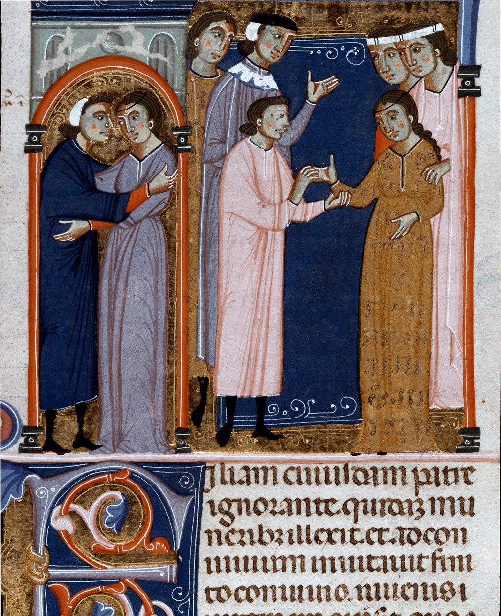 Cerimônia de noivado em miniatura tirada do "Decret de Gratien" ("Concordia discordantium canonum" ou "Decretum Gratiani") datada de 1140 e que regulamenta as leis e os cânones da Igreja Católica Romana. Século XIV Cesena Biblioteca malatestiana de Unknown artist