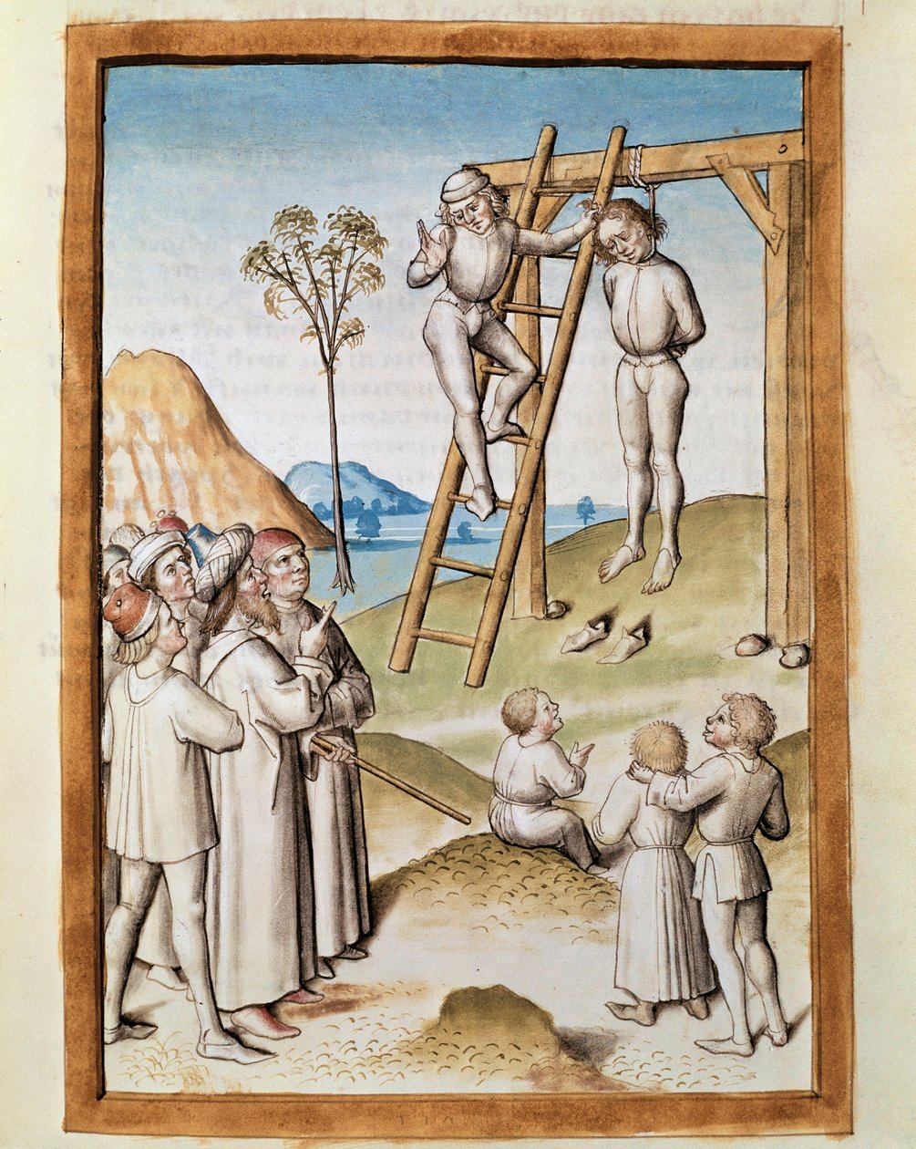 Cena suspensa em miniatura tirada de uma tradução alemã das fábulas de "Kalila (Calila) e Dimna" de Bidpai. (ms. 1389, fol. 117) por volta de 1480 Chantilly, musee Conde de Unknown artist