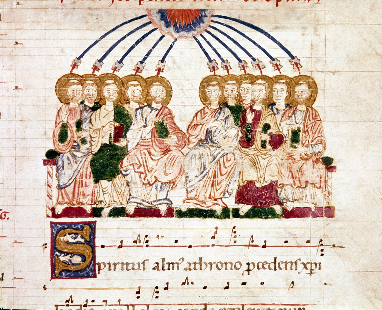 Pentecote miniatura de um anti-fonário gradual (ms. 65) Plaisance do século XII, Biblioteca Capitolare de Unknown artist