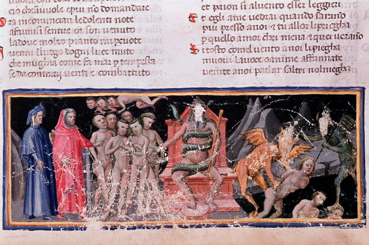 Minos julga as transgressões e despacha as almas (canção 5 do Inferno, na Divina Comédia) - miniatura de Unknown artist
