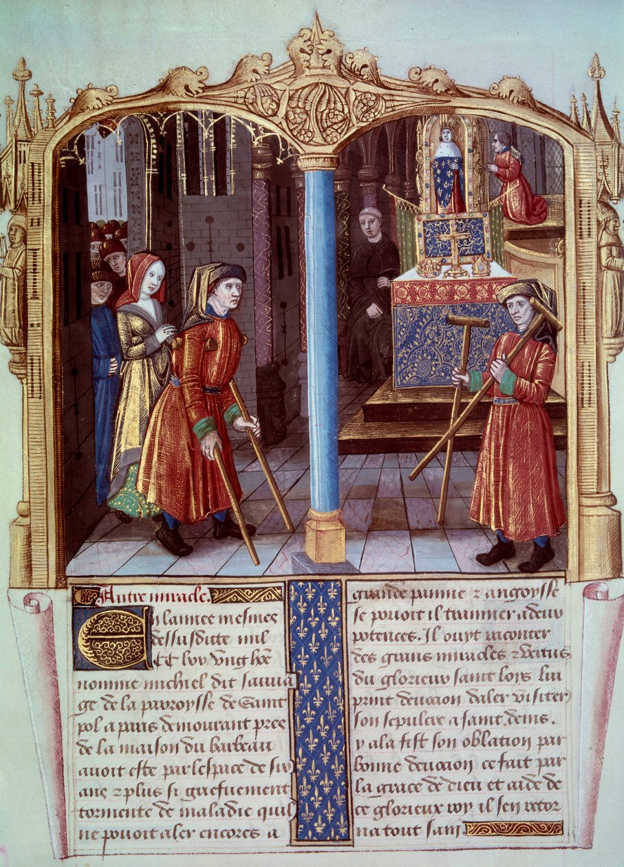 Milagre de Saint Louis (1214-1270): um guerreiro de um coxo com bequilles. Miniatura em "Vida e milagres de Saint Louis". de Unknown artist