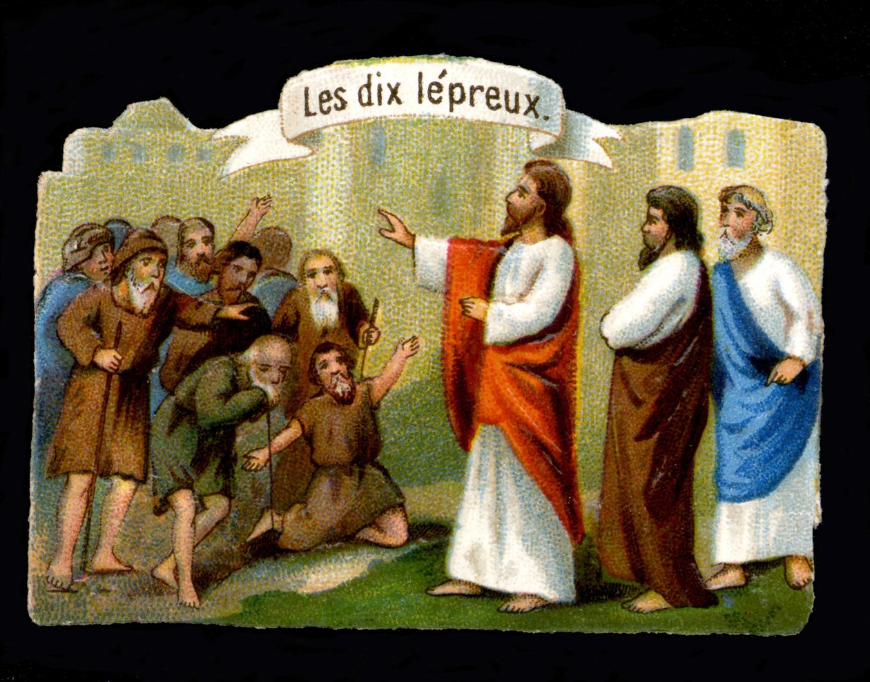 Milagres de Jesus. Cristo a travar os leprosos. A cromolitografia do século XIX. de Unknown artist