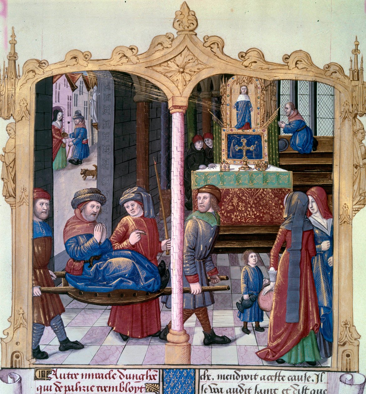 Milagres de Saint Louis: O Rei Luís IX (1214-1270) guerreou um paralítico. Miniatura de um manuscrito "The Book of Facts Monsignor Saint Louis", século XV. Paris, B.N. de Unknown artist