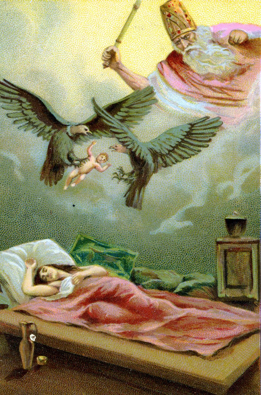 Miraculoso nascimento de Zarathustra (Zarathustra, Zarathushtra, Zarathustra ou Zoroastra), profeta iraniano e reformador religioso (século VI a.C.). chromolithographof do século XIX. de Unknown artist