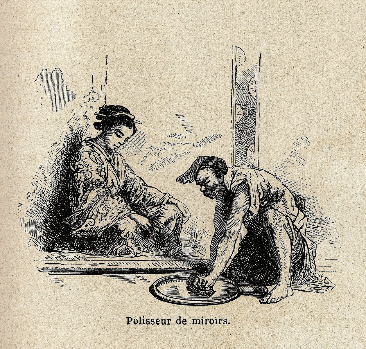 Polidor de espelhos. Gravura para ilustrar a viagem ao Japão em 1863-1864, de Aime Humbert, ministro da Confederação Suíça, no "Le tour du monde, nouveau journal des voyages", publicado sob a direção de Edouard Charton de Unknown artist