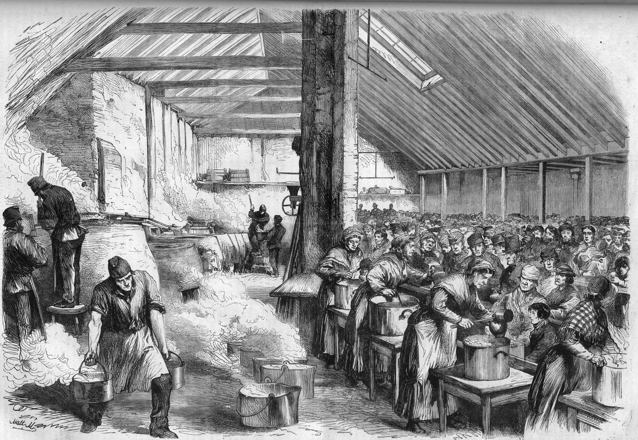 Misere em Londres: Distribuição pública de alimentos para os pobres em Londres, em Spitalfields. Gravura em "The Illustrious Universe" (O Universo Ilustre) de Unknown artist