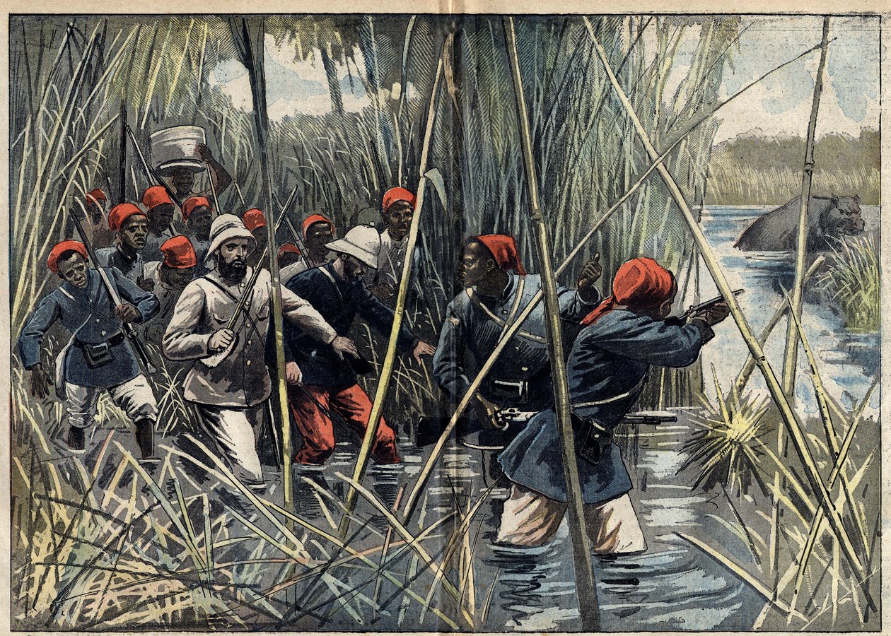 Missão Marchand (1896-1899) a Fachoda (Sudão): o capitão francês Baratier (1864-1917) e as suas tropas avançando pelo pântano em direcção a Fachoda. (De acordo com o diário de bordo do capitão Baratier). Ilustração em "Le Pelerin" de 6 de novembro de Unknown artist