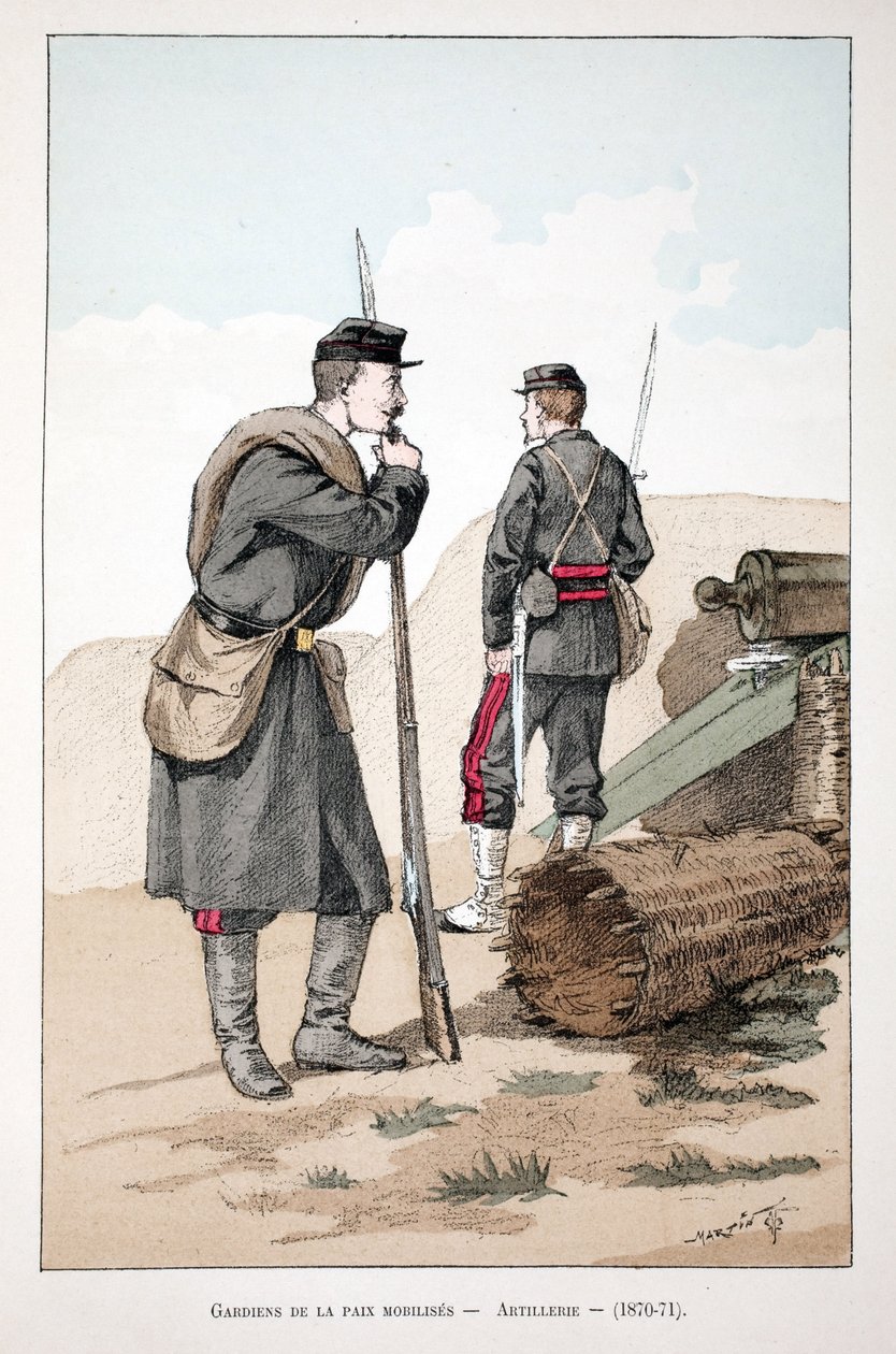 Mobilizados das forças de paz (1870-1871). Gravura colorida, para ilustração do livro "Histoire du corps des gardiens de la paix" publicado sob os auspícios de Louis Lepine (1846-1933) prefet de police de la Seine, de Alfred Rey (1864-?) e Louis Feron de Unknown artist