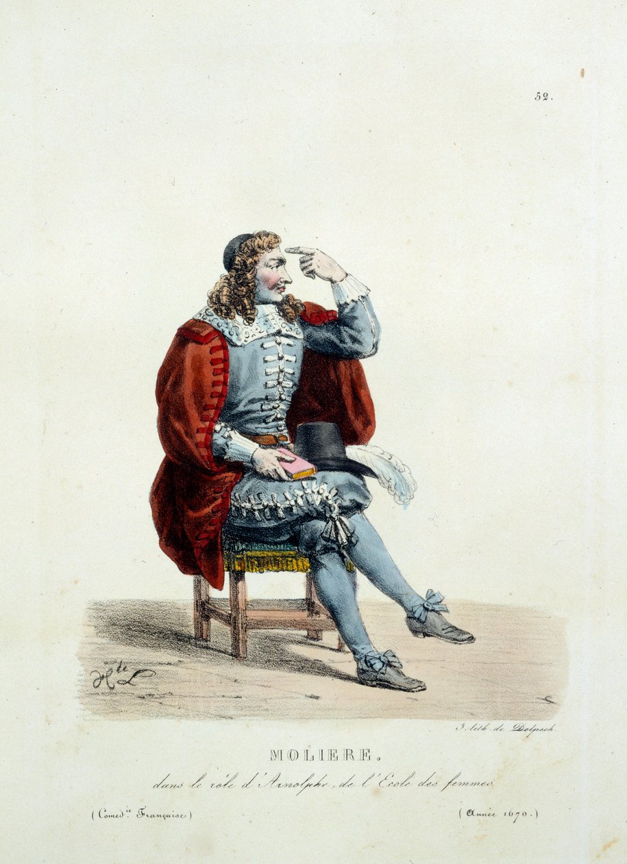 O traje de Moliere no papel de Arnolphe na peça "A escola das mulheres", em 1670. Traje de comédia francesa de Hippolyte Lecomte (1781-1857). Gravura do século XIX. Coll. Vamos. de Unknown artist