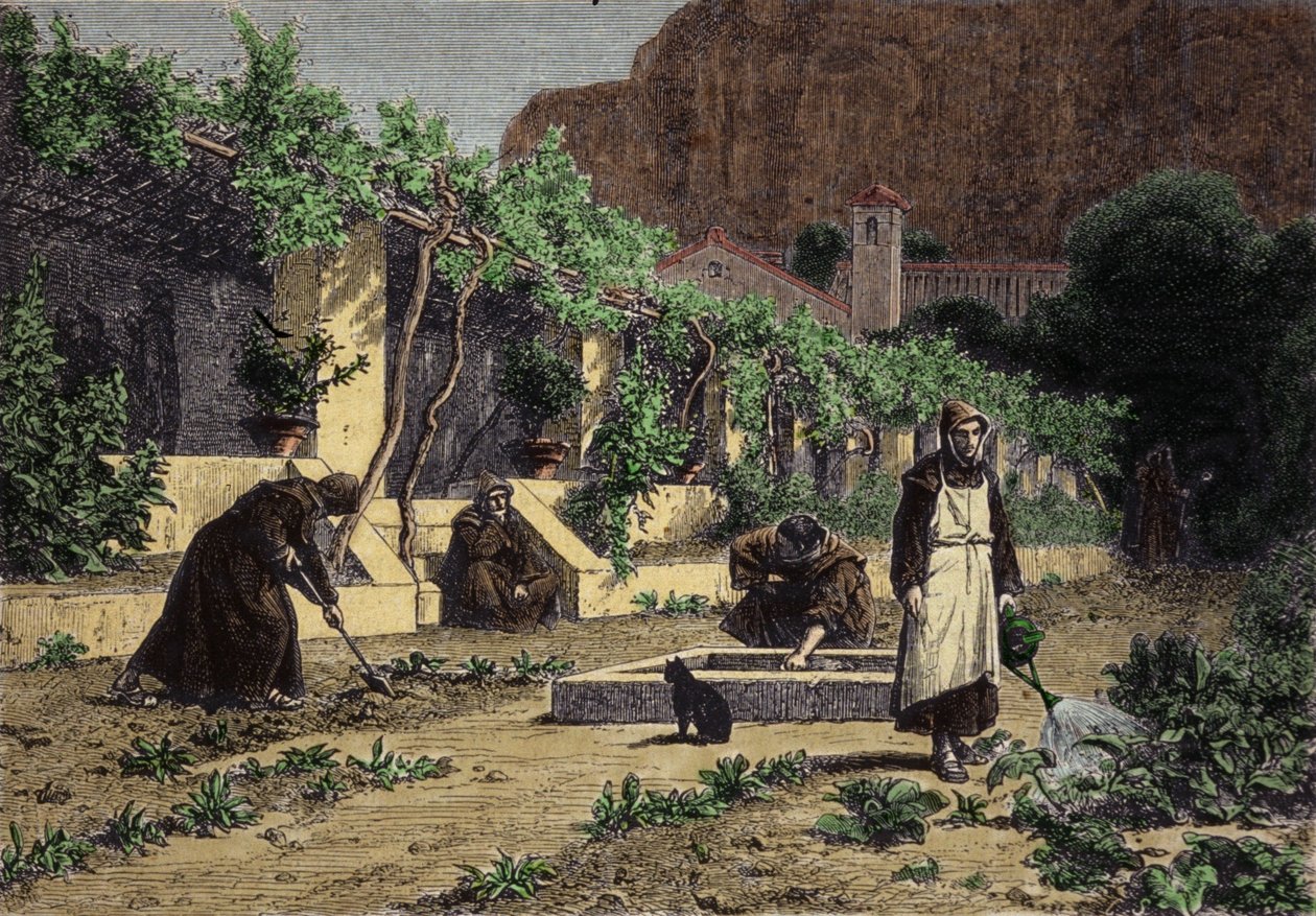 Horta do mosteiro: horta dos monges para cultivar legumes na sua horta. Gravura do século XIX de Unknown artist