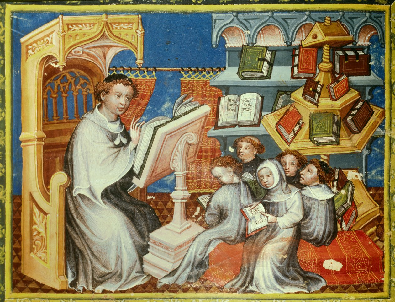 Escola monástica do convento dos eremitas de Santo Agostinho em Paris: um monge no púlpito lê um leão com tons de adolescentes, mas também com laicos. À direita, uma roda de libra. Miniatura em "historiador da bíblia" (Histórico bíblico) de Pierre Comestor de Unknown artist