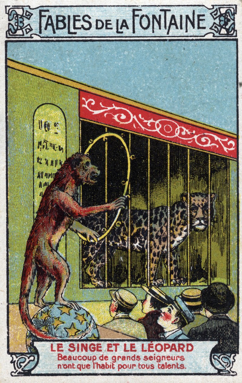 Macaco e Leopardo - Fábulas de Jean de La Fontaine (1621-95) -Cromolitografia do final do século XIX Coleção Particular de Unknown artist