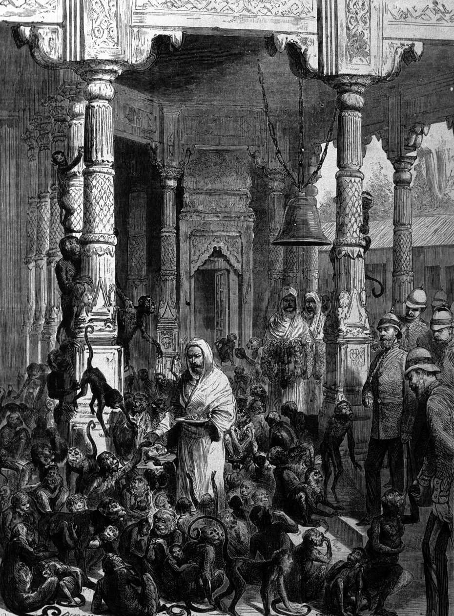 Templo do macaco o templo do macaco em Varanasi (antiga Benares), em 1877. de Unknown artist