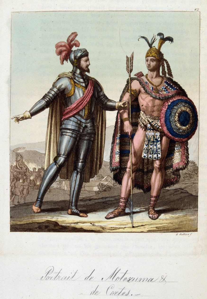 Montezuma II, rei asteca, e Hernán (ou Hernando) Cortes ou Fernand Cortez (1485-1547), conquistador espanhol - em "O traje antigo e moderno" de Ferrario, ed. Milão de Unknown artist