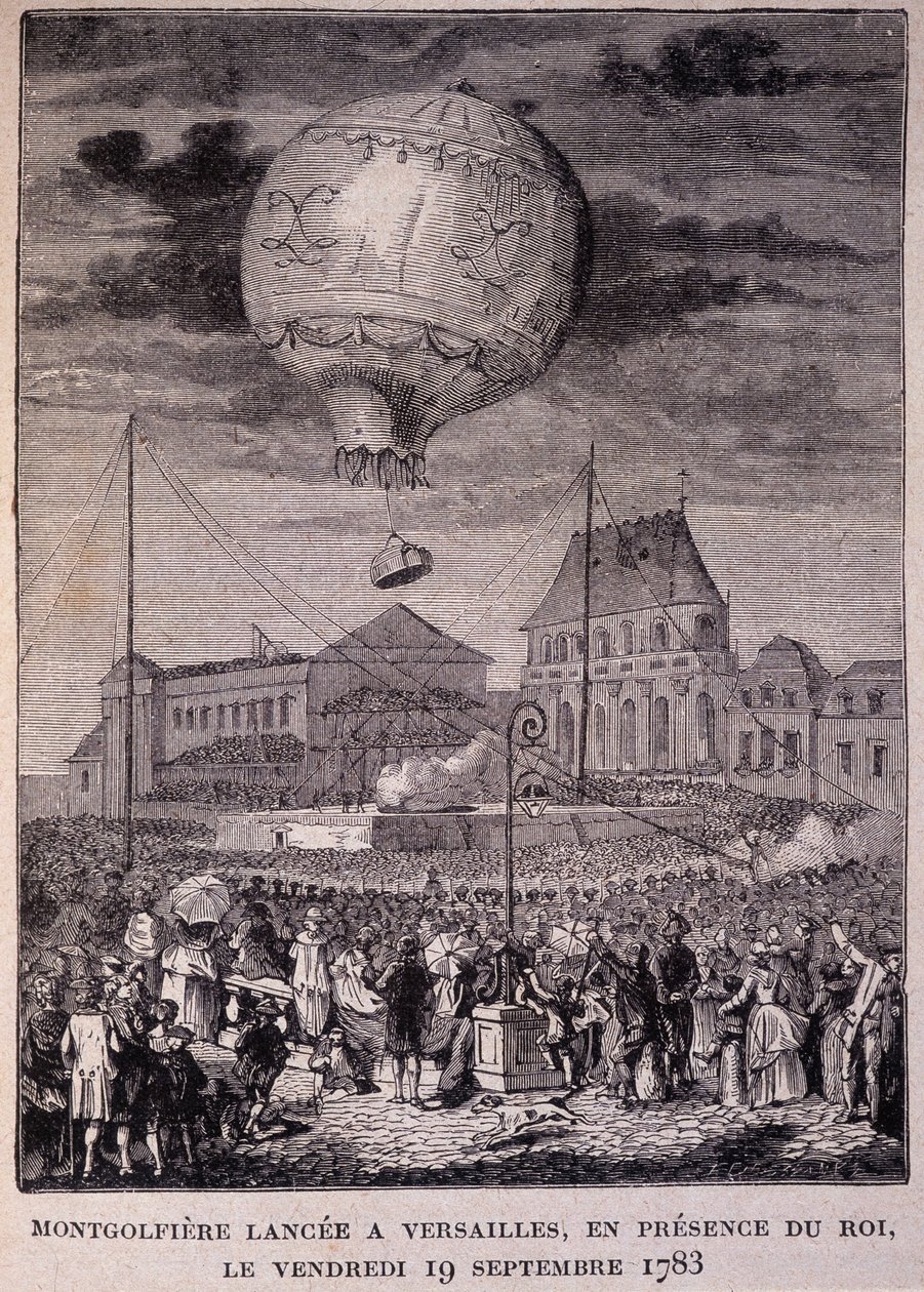 Montgolfiere lançado em Versalhes, na presença do Rei (Luís XVI), sexta-feira 19/09/1783 - em "Les Contemporains", n.d. final do século XIX. de Unknown artist
