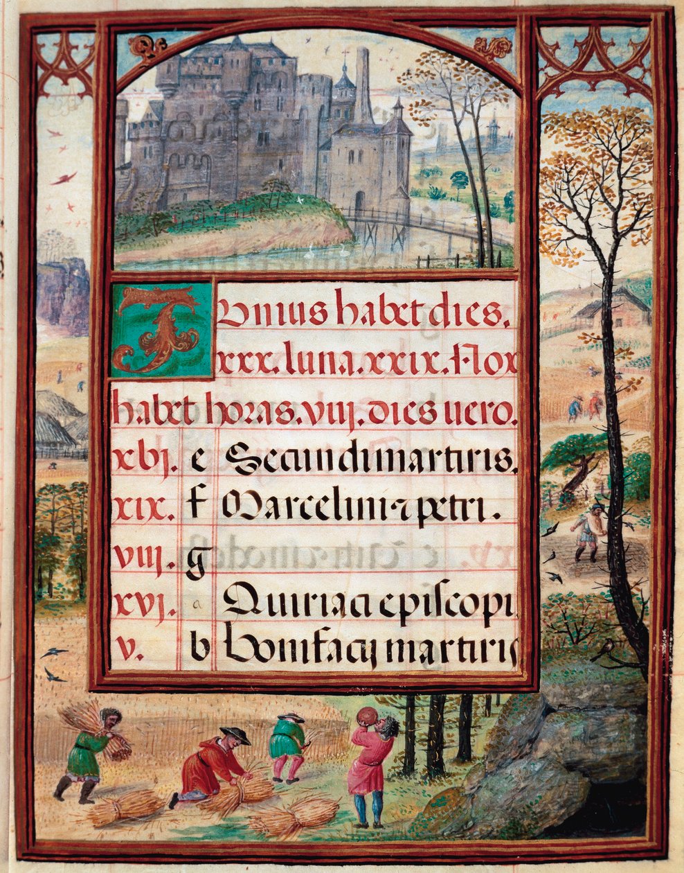 Mês de Junho: paisagem e colheitas. Os camponeses no trabalho. Página do manuscrito "Livro de Horas" de Manuel I de Portugal (1469-1521) 1517. Lisboa, Museo di Arte Antica de Unknown artist