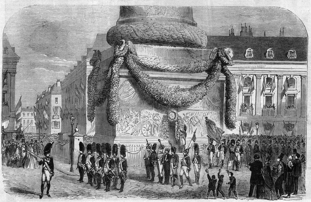 Manhã da festa nacional de 15 de Agosto de 1864 no sopé da coluna da Place Vendome em Paris. Gravura em "O Universo Ilustre". de Unknown artist