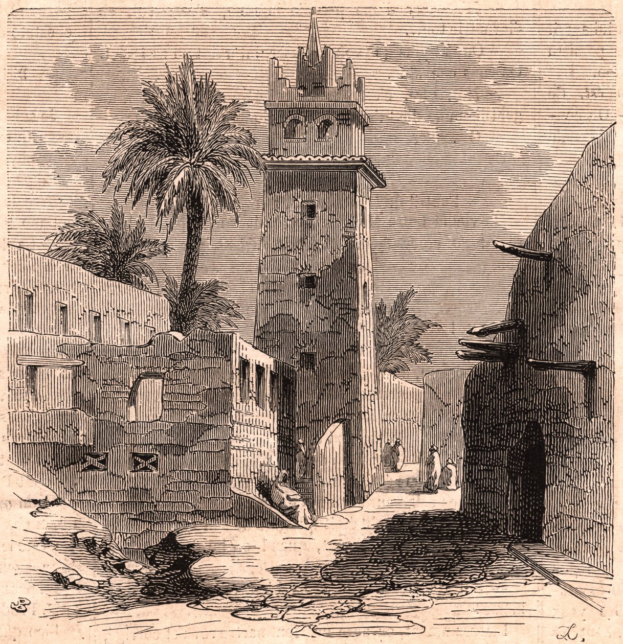 Mesquita no velho Biskra (Biskra) na Argélia em 1866 de Unknown