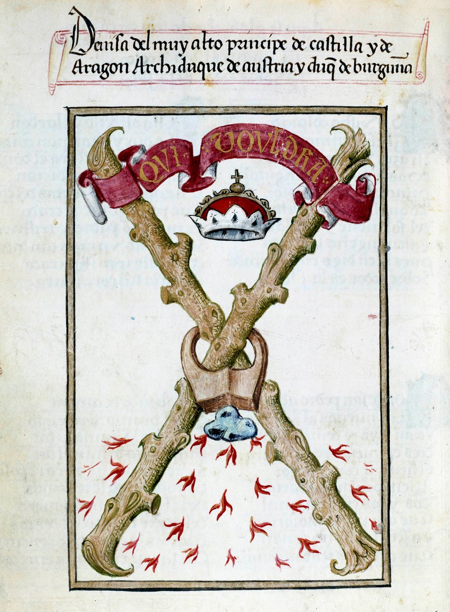 Lema dos Duques de Borgonha. Página manuscrita retirada da "Colecção de devoção da Rainha Joana o Folle (1479-1555) de Espanha" de Pedro Marcuello ("Devocionario de la Reyna Da Juana a Quien Llamaron la Loca") Chantilly do século XV, Musee Conde de Unknown artist