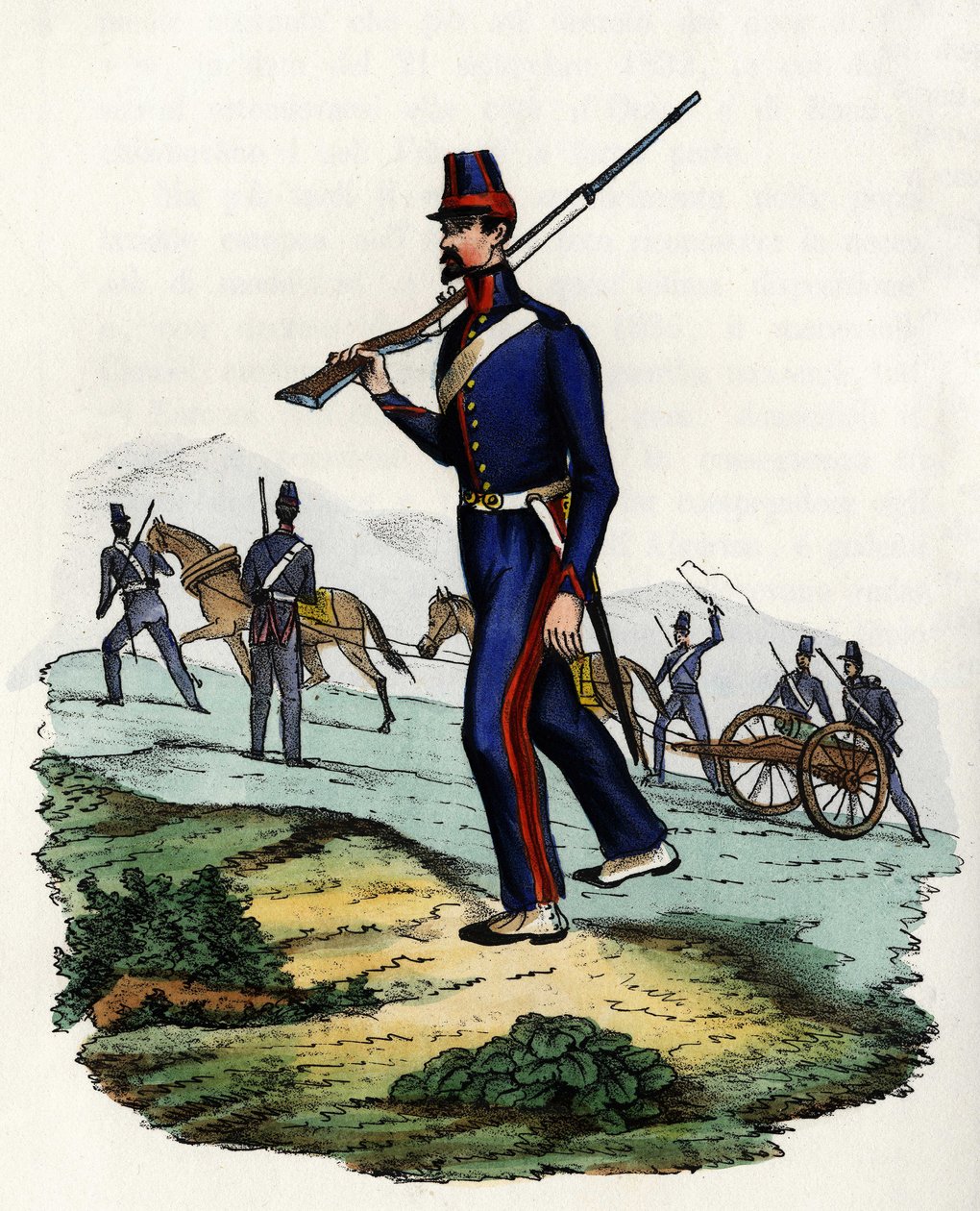 Batalhão de artilharia de montanha do exército francês de África, na Argélia, em 1830. Em "Storia d