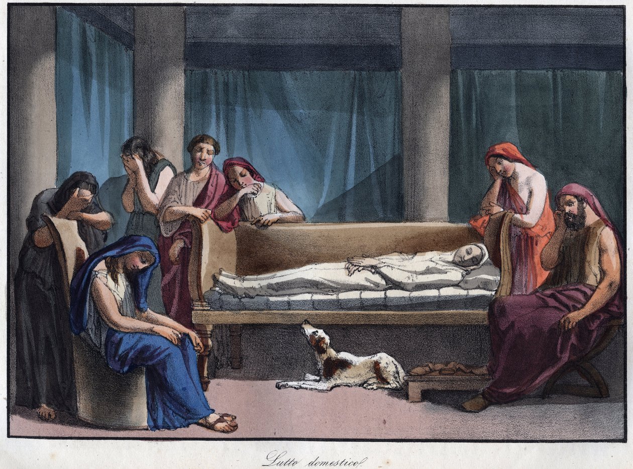 Luto numa casa romana - gravura de "Usos e costumes de todos os povos do Universo". Ou História do governo, leis, milícias, religião de todas as nações desde os tempos mais remotos até aos dias de hoje" 1856 de Unknown artist