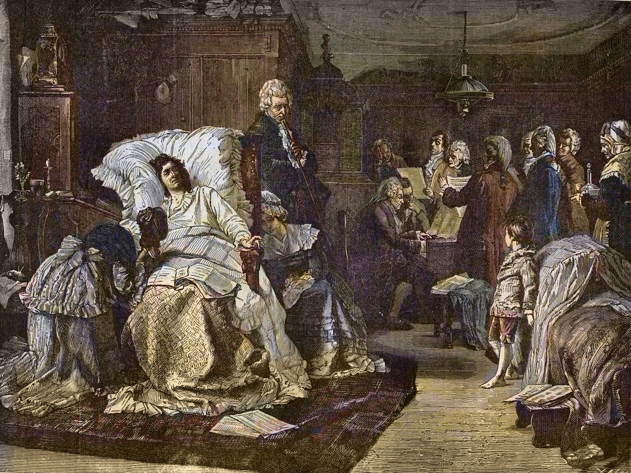 Os últimos dias de Mozart após a pintura de Hermann Kaulbach (1846-1909) - Gli ultimi momenti di Mozart - último dia por Wolfgang Amadeus Mozart - gravura no ilustre jornal semanal "Música Popular" - 1882 de Unknown artist