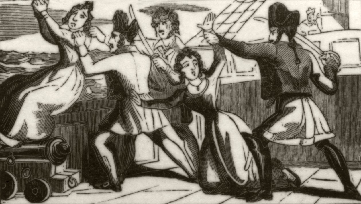 "Sra. Glass e sua filha implorando aos piratas para salvar suas vidas", c.1836 de Unknown artist
