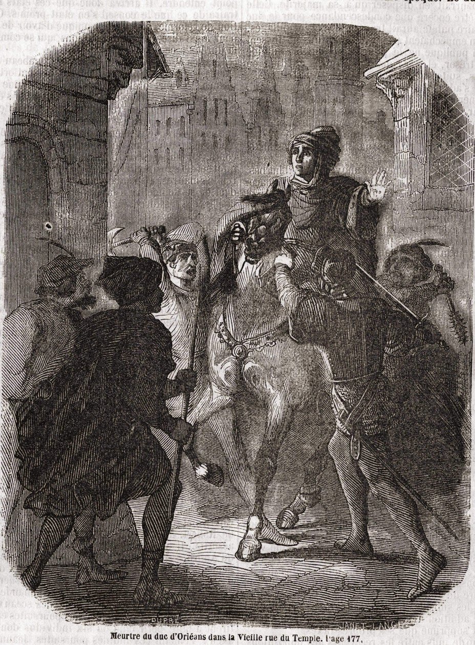 Assassinato de Luís I de Valois, Duque de Orléans (1372 - 1407) na antiga rue du Temple de Jean Sans Ppeur - no "Histoire de France" de L.-P. Anquetil de Unknown artist