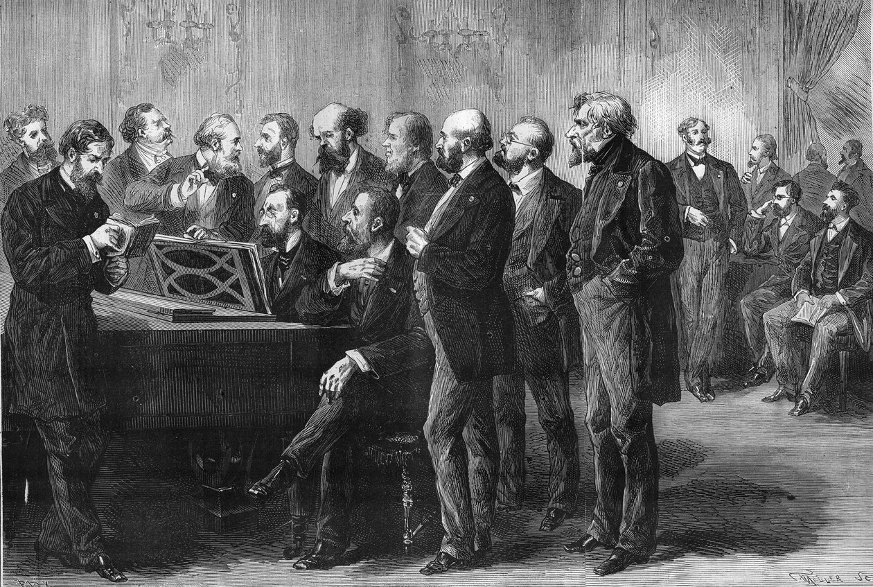 Concurso musical da cidade de Paris, em 1878. O júri do Palais du Luxembourg examina as notas de "Pardis lost" e "Mug". Da esquerda para a direita: Coluna, Perrin, Cherouvrier, Gounod, Boulanger, Camille Saint Saens (Saint-Saens), Lenepveu, vaucorbe de Unknown artist