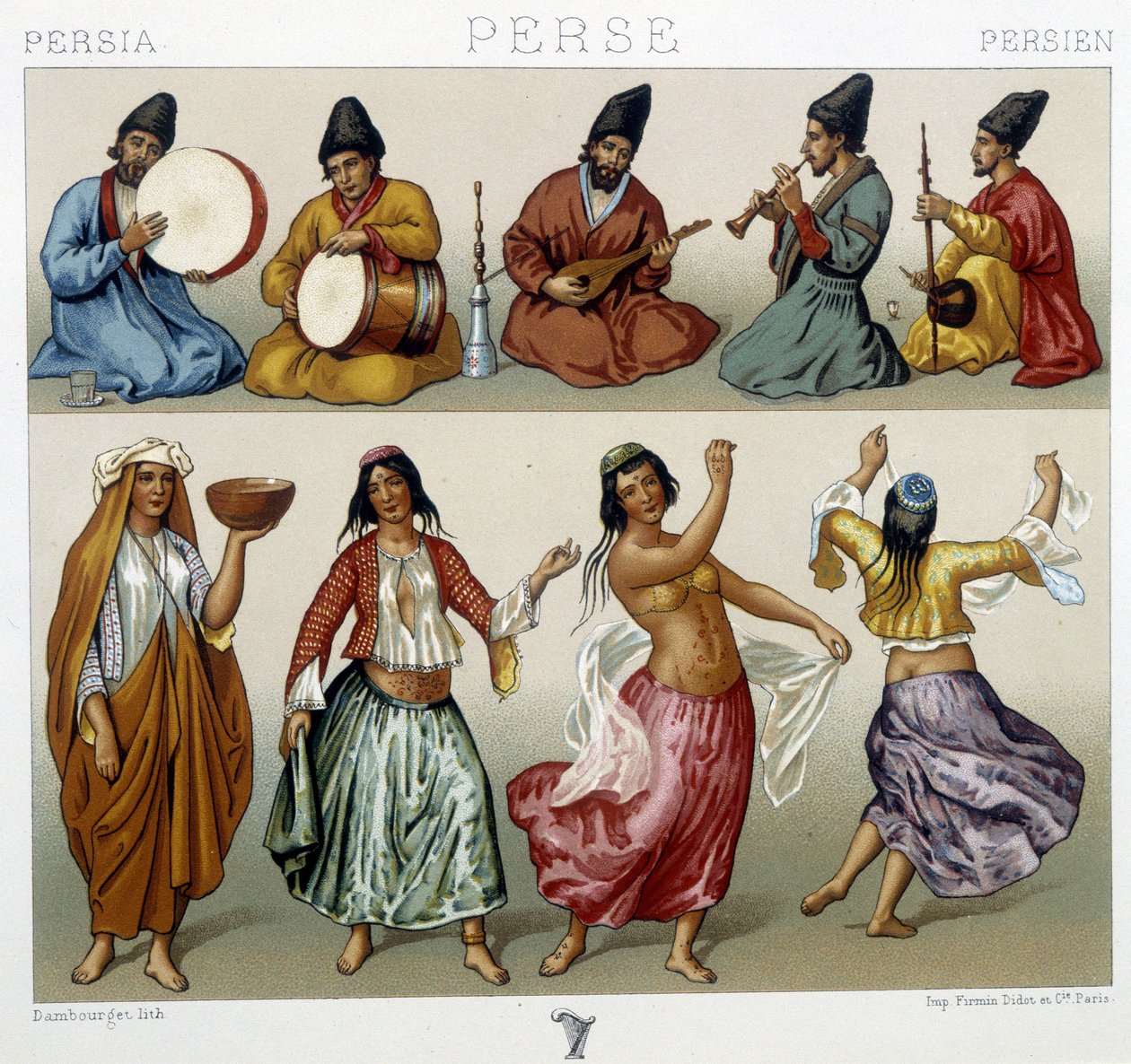 Músicos e dançarinos na Pérsia - em "O traje histórico" de Racinet de Unknown artist