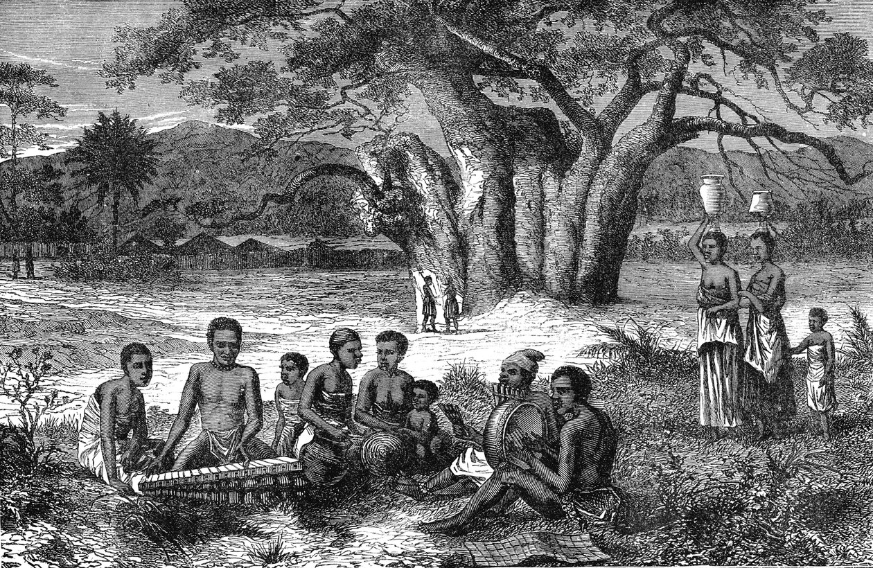 Músicos das margens do rio Zambeze, África. Gravura de 1885 de Unknown artist