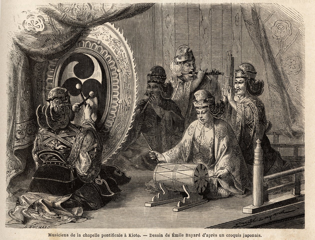 Músicos da capela pontifícia em Kyoto (ou Kioto), tocando cinco instrumentos sagrados, flauta traversa e flauta de pan, concha marinha, timpani e kakdaiko, o gongo original. Gravura para ilustrar a viagem ao Japão em 1863-1864, de Aime Humbert, m de Unknown artist