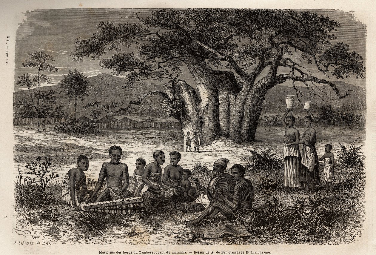 Músicos tocando marimba (uma mistura de balafon e instrumentos pré-colombianos) nas margens do rio Zambeze. Gravura para ilustrar as primeiras viagens do Dr. Livingstone à África Austral de 1840 a 1856, em "Le tour du monde, nouveau journal des voyages". de Unknown artist