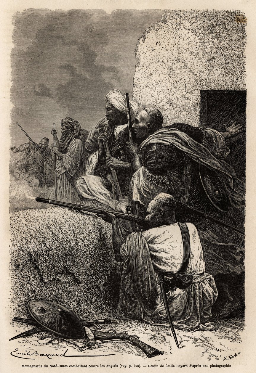 Montanhistas muçulmanos reinstalaram-se nas montanhas de Svat, lutando contra uma expedição inglesa em 1863 para deter o saque de aldeias na região. Gravura para ilustrar a história de Pandjab e Caxemira, de Guillaume Lejean, em 1866, publicada em "Le tour de Unknown artist