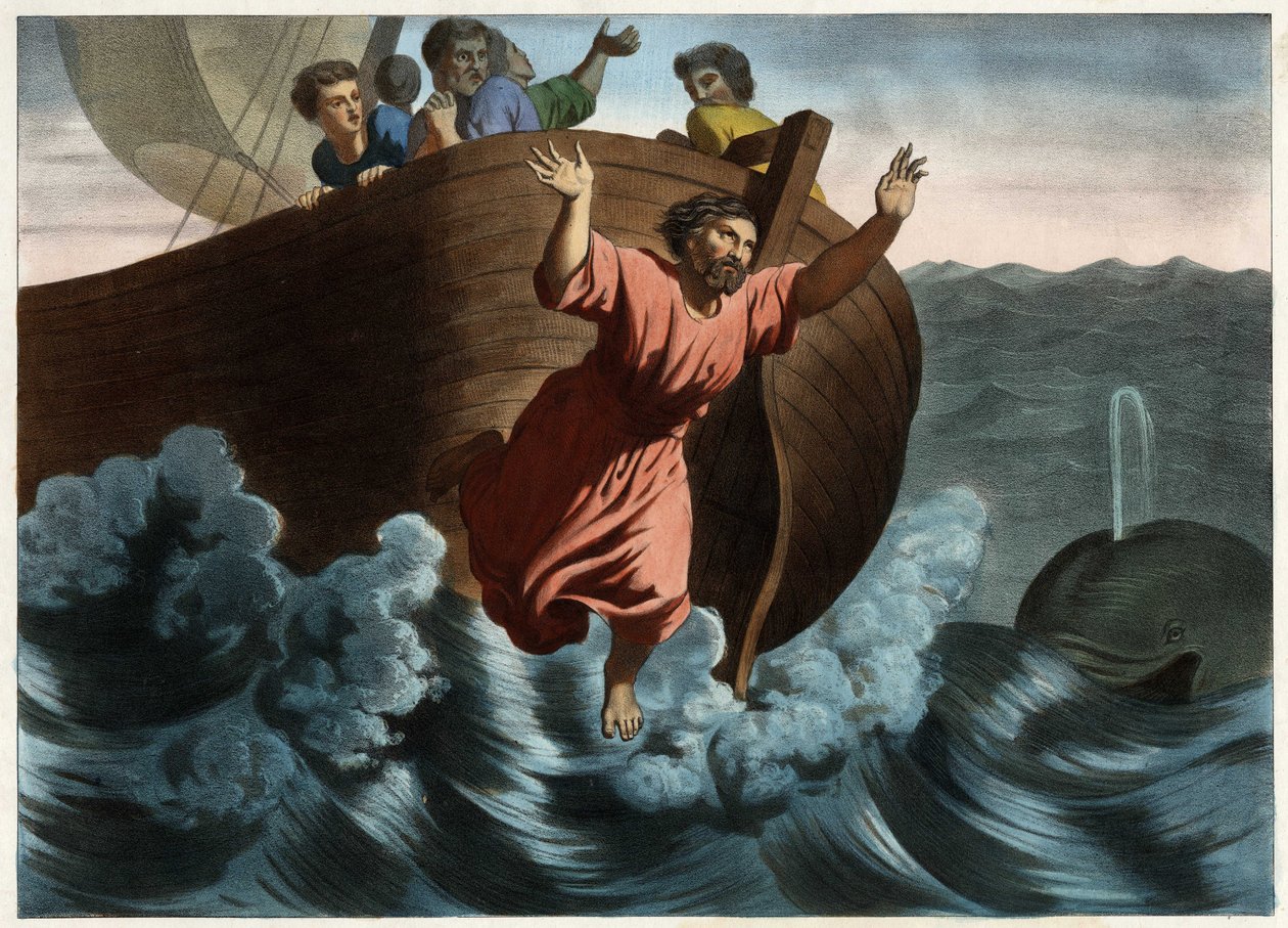 Nomeado responsável pela tempestade que ameaçava a nave, Jonas sugeriu que ela fosse jogada ao mar. Deus enviou um peixe que engoliu o profeta. Gravura anónima de meados do século XIX. de Unknown artist