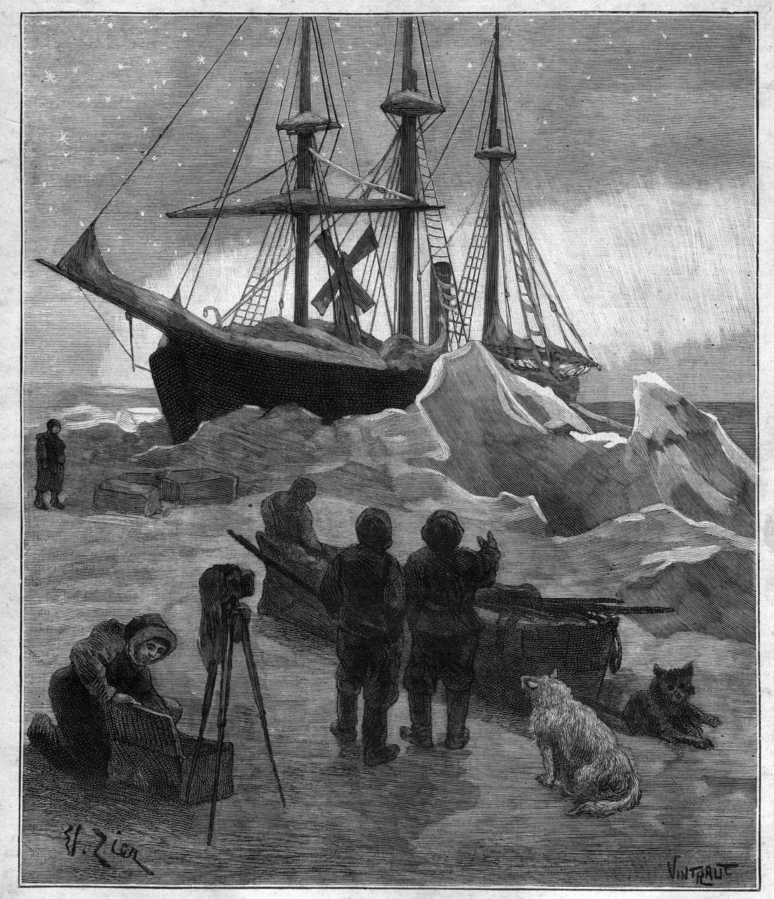 O navio de exploração polar Nansen Fram preso no gelo - gravação do relatório da expedição Fram de 1893-1896, de Fridtjof Nansen (1861-1930). de Unknown artist