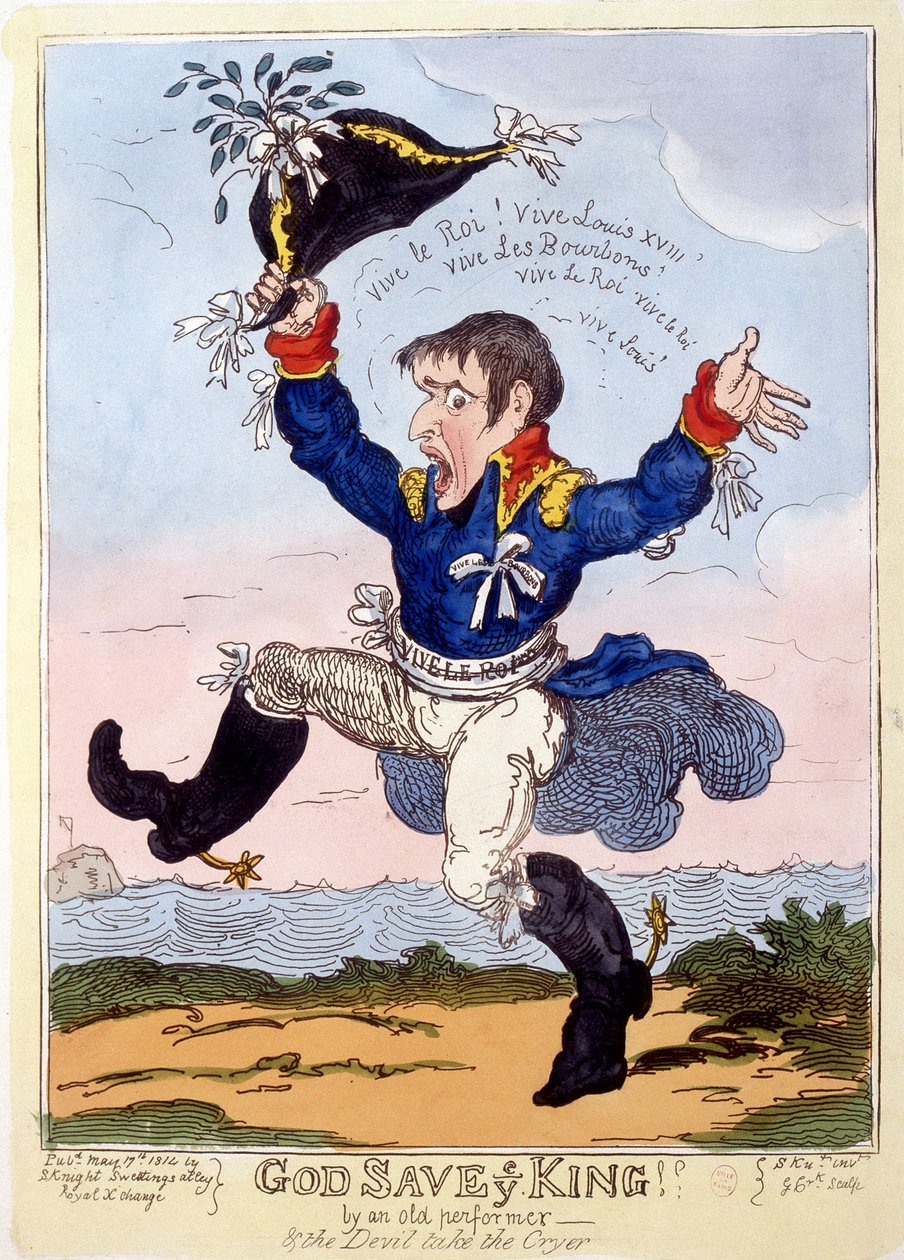 Napoleão 1er canto "Vive le roi" para o advento de Luís XVIII - em "Napoleão 1er", coleção de caricaturas de Unknown artist