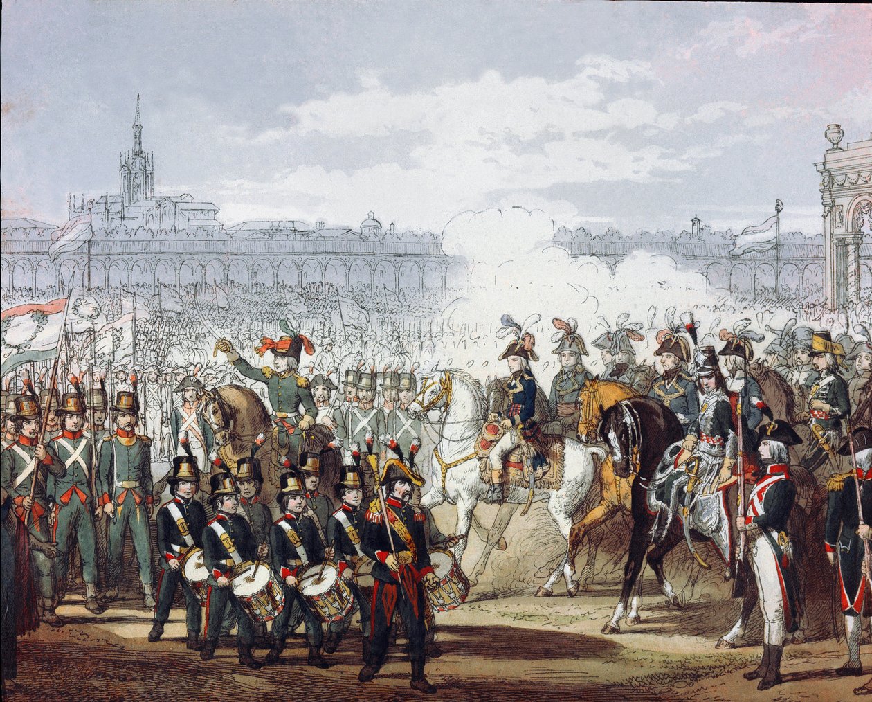Napoleão Bonaparte (1769-1821) faz uma revisão da legião Lombard e Cispadan da milícia em 07/09/1797 Gravura em aquarela. Milão, Museo del Risorgimento de Unknown artist
