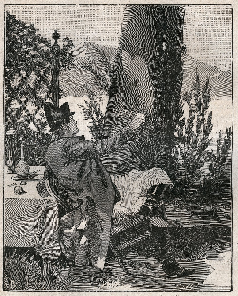 Napoleão Bonaparte (1769-1821) escreveu a palavra "Battaglia" no tronco de um loureiro na ilha de Isola Bella, no Lago Maggiore, três dias antes da Batalha de Marengo, em 1800. Gravura de 1885 em "Les arts et metiers illustres". de Unknown artist