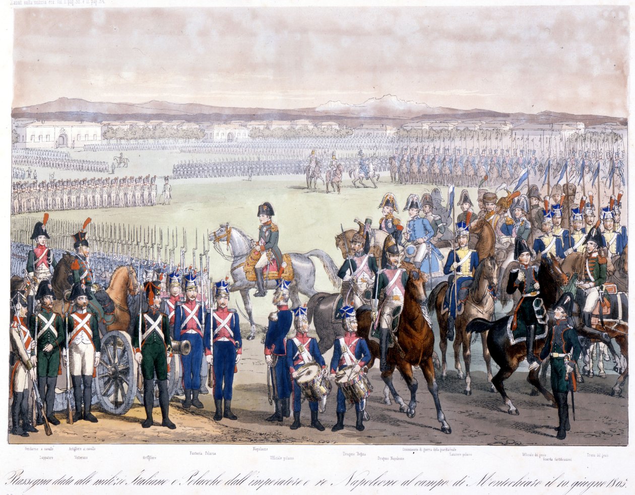 Napoleão Bonaparte analisou as milícias italianas e polacas em Montechiaro, em 1805. Gravura a partir de 1845 de Unknown artist